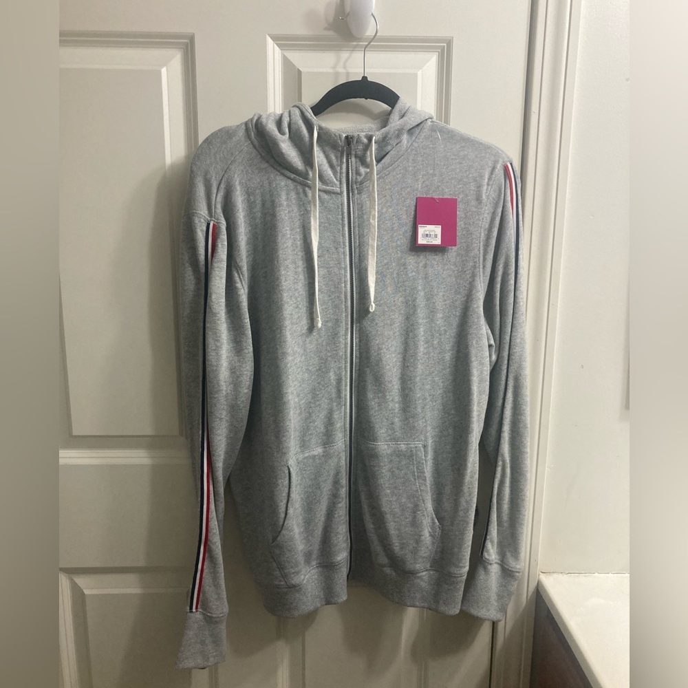 Light Grey Zip-up Hoodie w/ Red White and Blue Stripe Sleeve XL NWT
